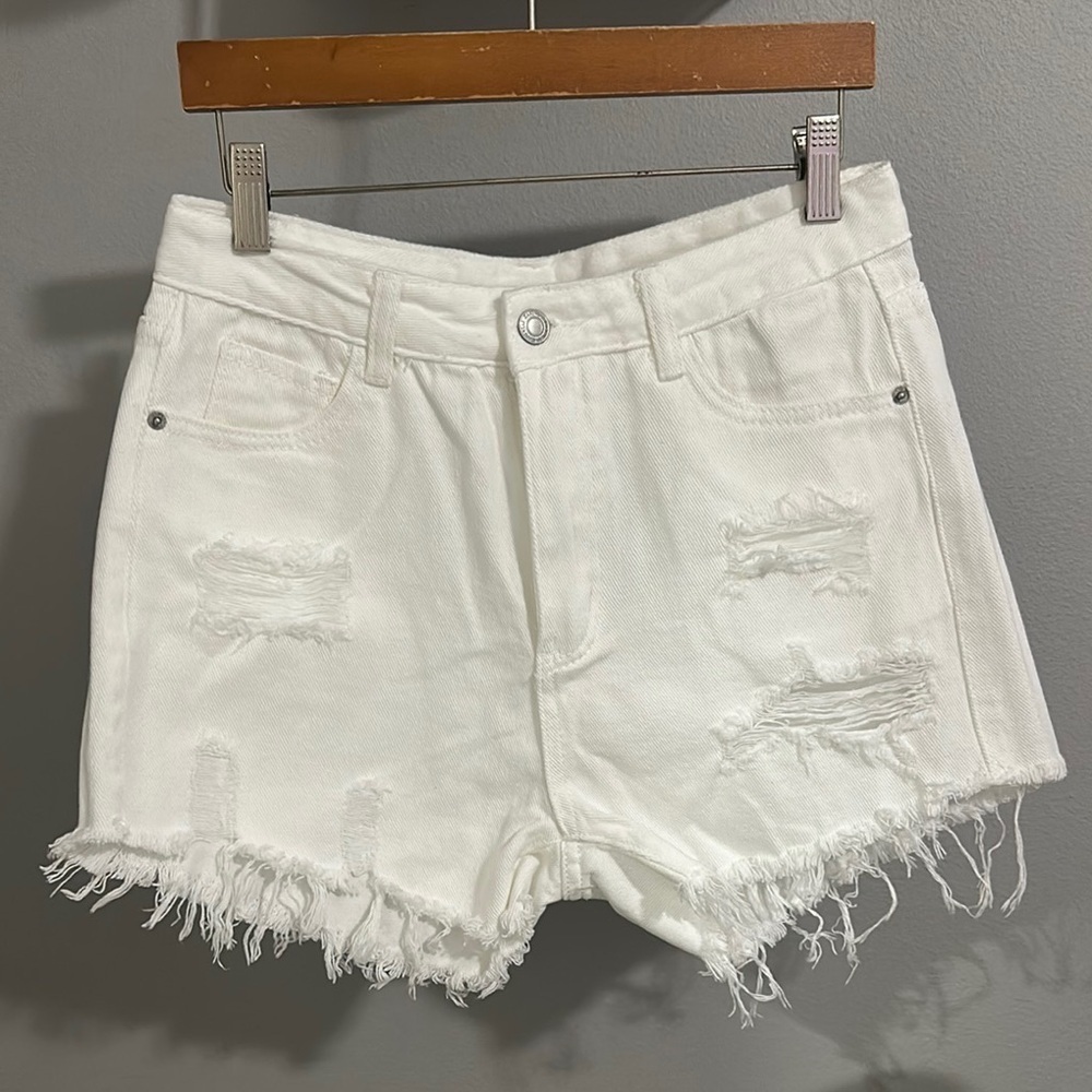 SHEIN White High Rise Distressed Denim Shorts‎ Frayed Hem Cutoffs Womens Size M